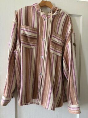 Roxy Striped Hooded Button-Up Shacket Overshirt XL 100% Cotton